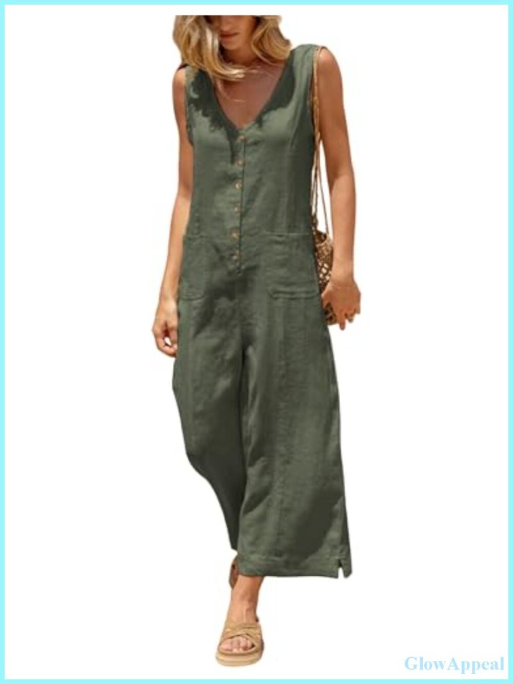 Cotton Linen Wide Leg Overalls Jumpsuit Button Down V-Neck